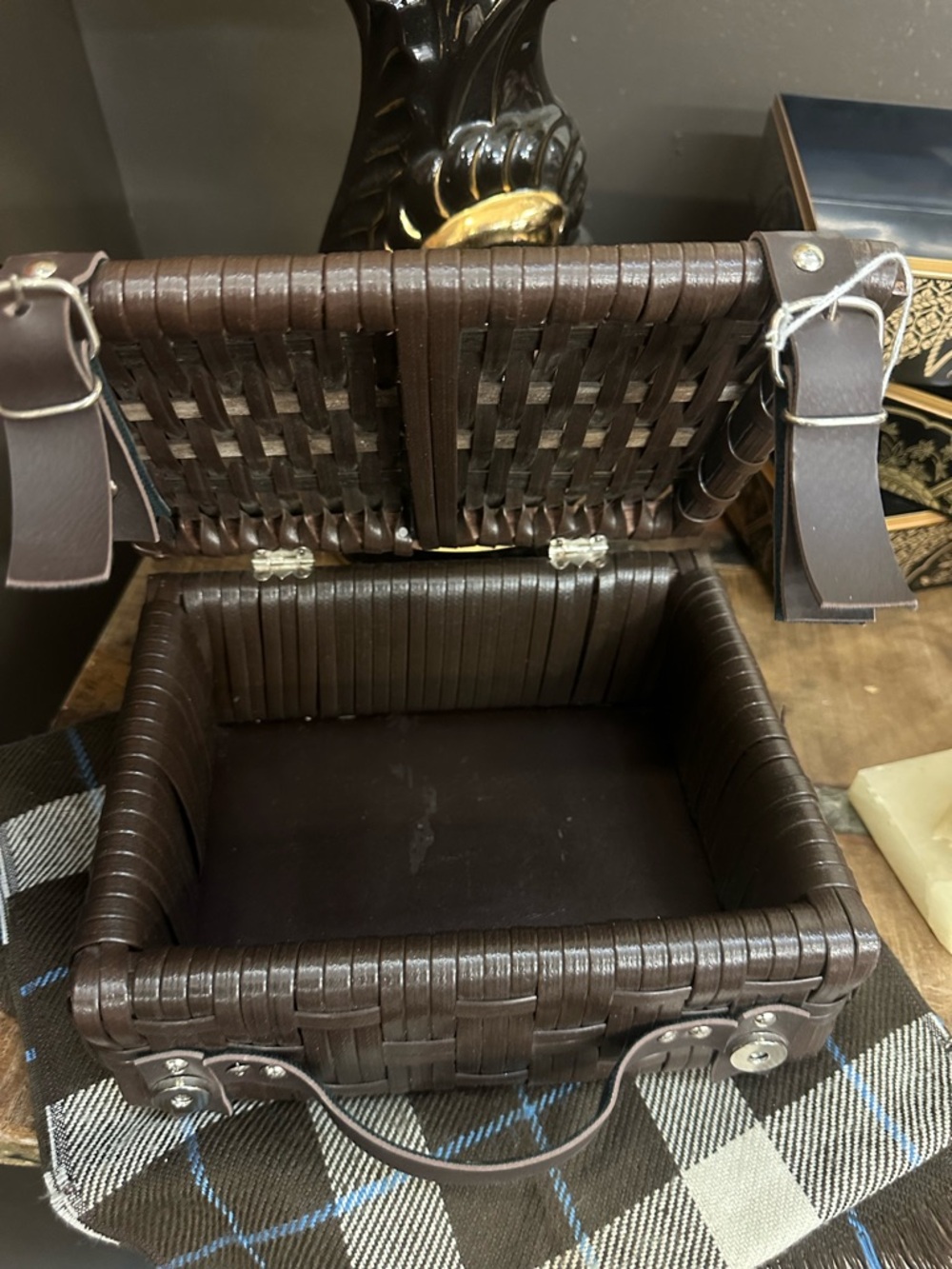 Woven Storage Basket Box w/ Lid & Leather Straps Rustic Farmhouse Organizer